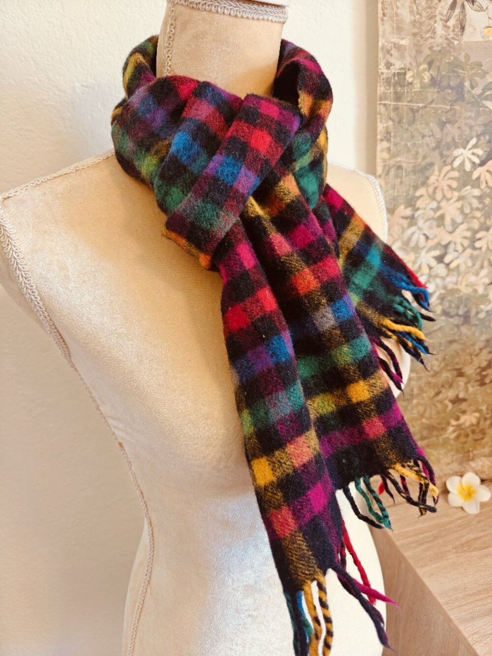 Vintage Nordstrom Rainbow Plaid Superfine Lambswool Scarf W Germany